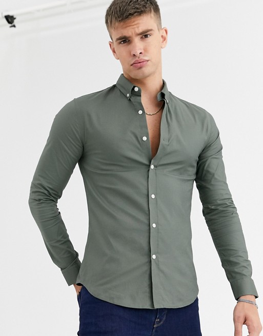 New Look muscle fit oxford shirt in khaki