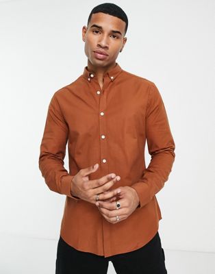 New Look muscle fit oxford shirt in tan-Neutral