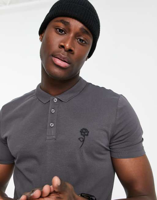 New Look - Muscle fit polo met geborduurde roos in grijs, 2 van 4