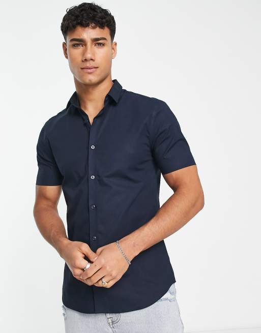 New Look - Muscle fit poplin overhemd met korte mouwen in marineblauw