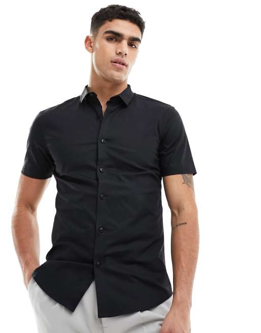 New look - Muscle-fit poplin overhemd met korte mouwen in zwart