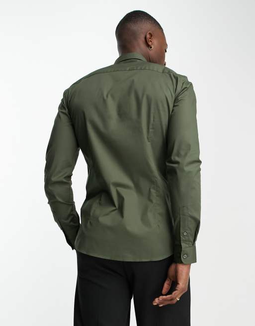 New Look - Muscle-fit poplin overhemd met lange mouwen in kaki, 2 van 4