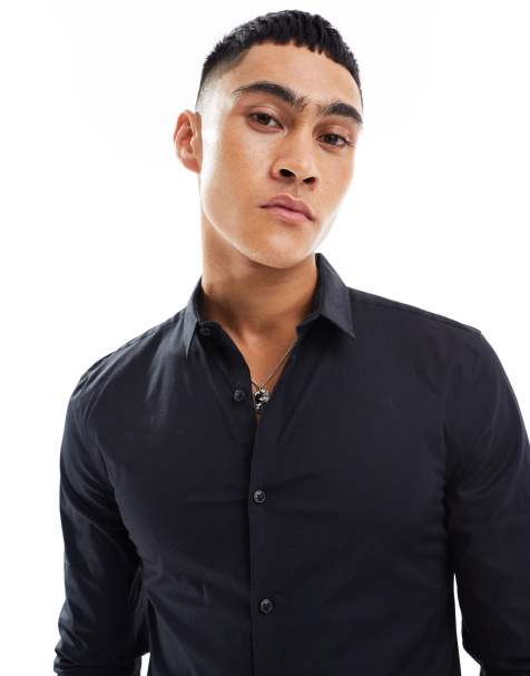 New Look - Muscle fit poplin overhemd met lange mouwen in zwart - view 1