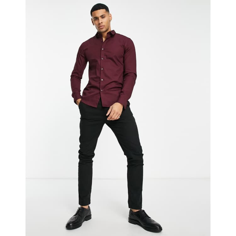 Essential Button Down Collar Casual Shirt - WB Dark Burgundy Stretch Cotton  Poplin