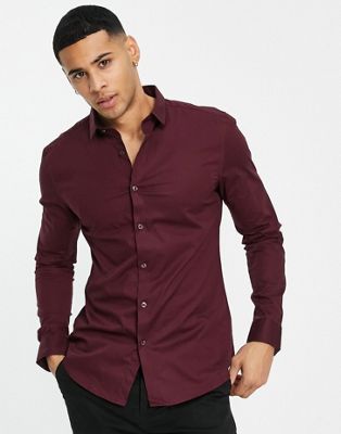 New Look muscle fit poplin shirt in burgundy