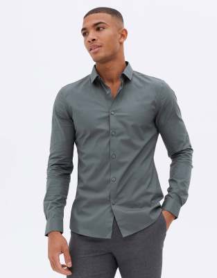 New Look muscle fit poplin shirt in grey - ASOS Price Checker