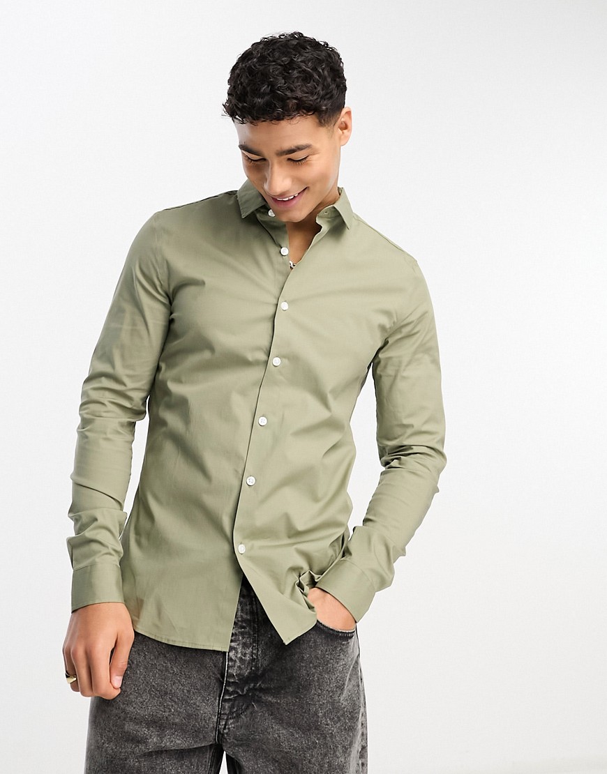 New Look muscle fit poplin shirt in light olive-Green