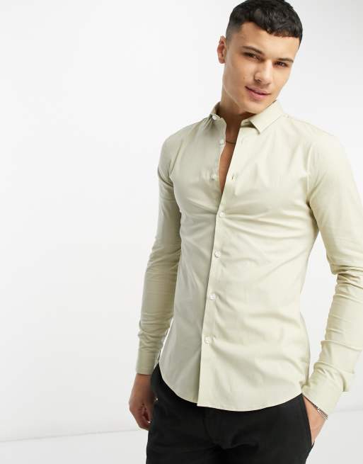 New Look muscle fit poplin shirt in oatmeal