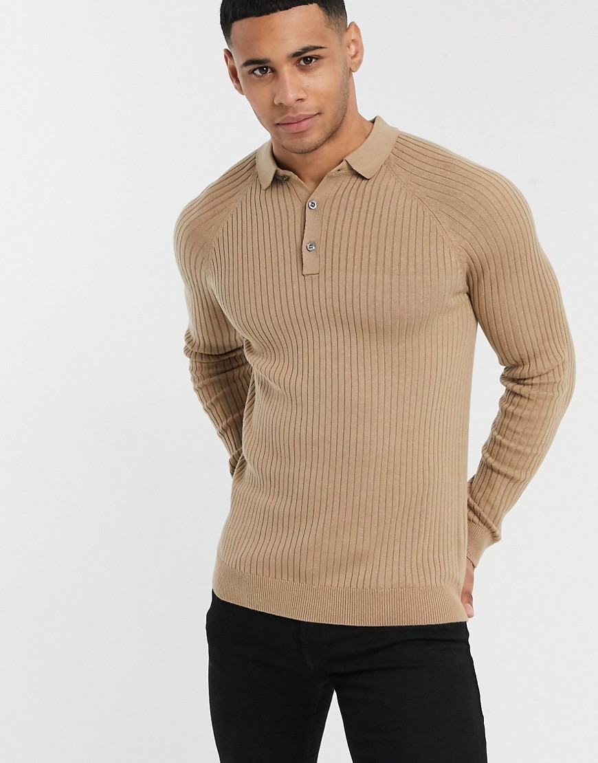 New Look muscle fit rib polo in stone