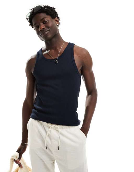 New Look muscle fit rib singlet in navy