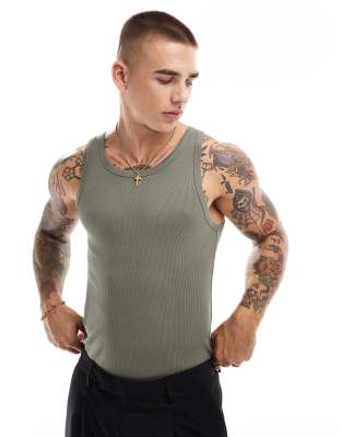 New Look New Look muscle fit rib vest in dark khaki-Green