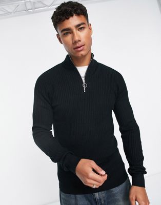 New Look muscle fit ribbed funnel neck jumper in black