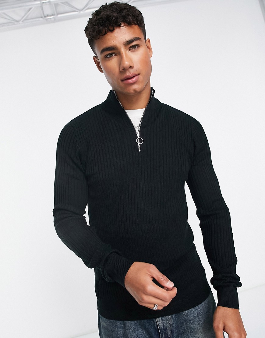 New Look Slim Fit Zip Funnel Neck Knit Sweater In Black