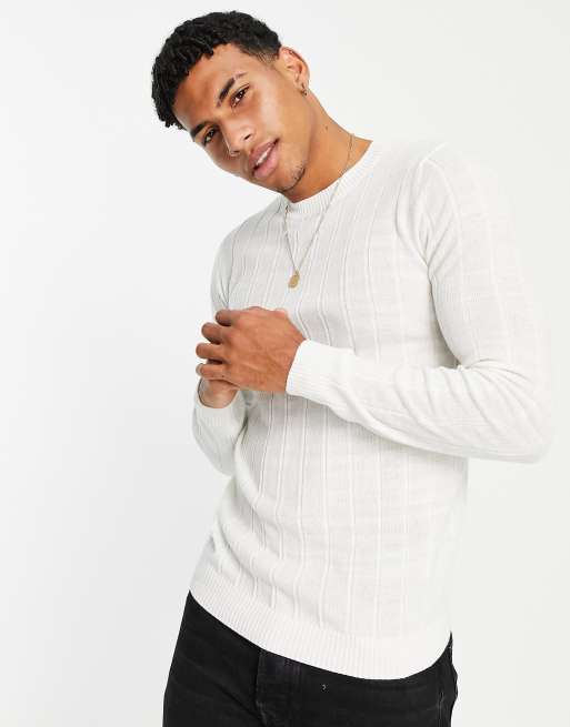 New Look muscle fit ribbed knitted jumper in off white