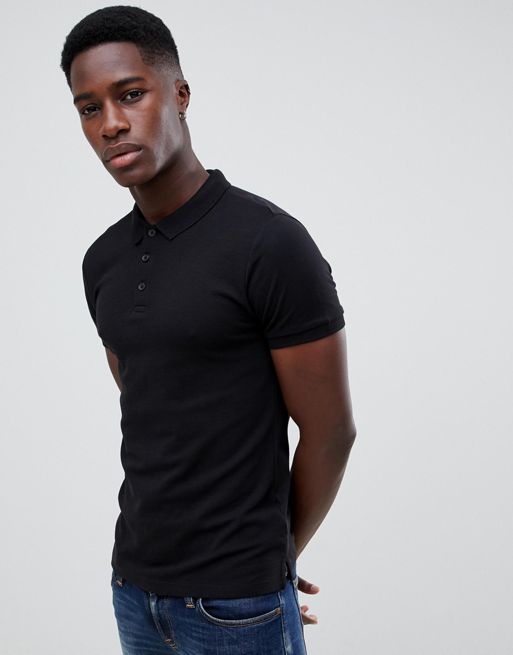 New Look muscle fit ribbed polo in black | ASOS
