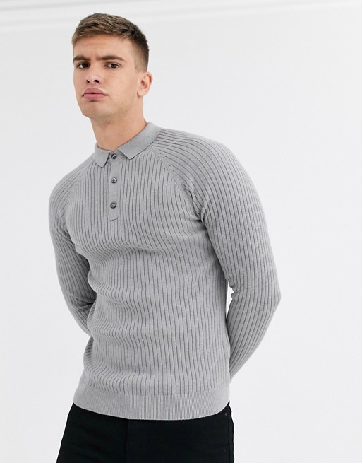 New Look muscle fit ribbed polo neck in grey
