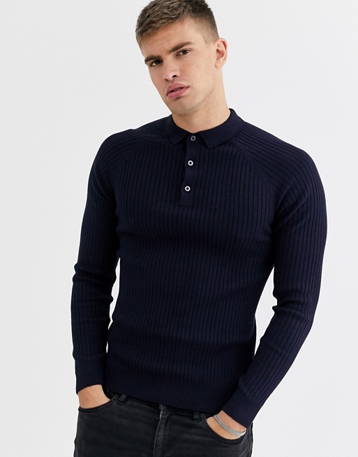 New Look muscle fit ribbed polo neck in navy