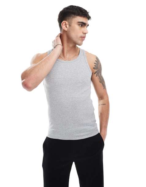 New Look muscle fit ribbed singlet in grey marl - view 1