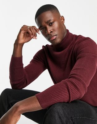 New Look muscle fit roll neck jumper in burgundy - ASOS Price Checker