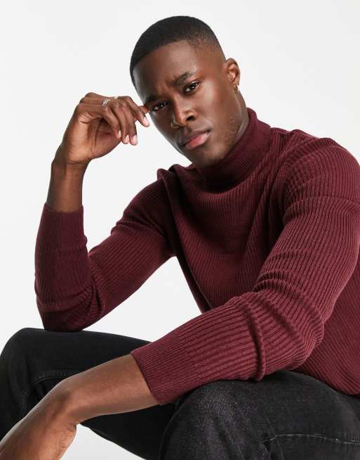 Mens burgundy shop roll neck jumper