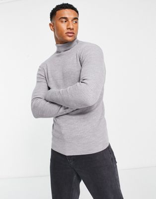 New Look muscle fit roll neck jumper in grey