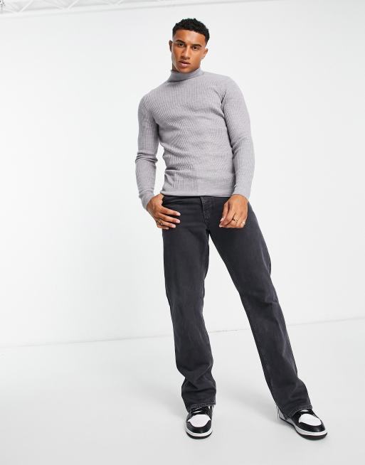 New Look muscle fit roll neck jumper in grey | ASOS