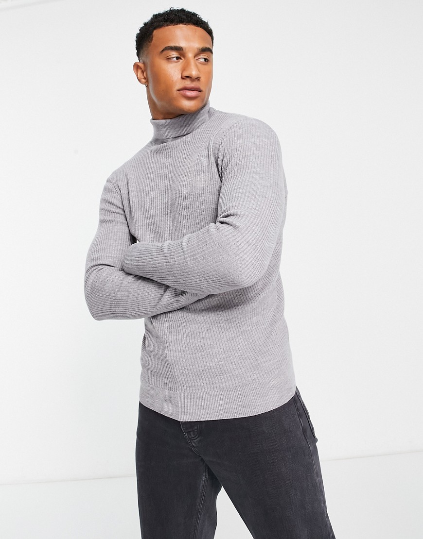 New Look muscle fit roll neck sweater in gray