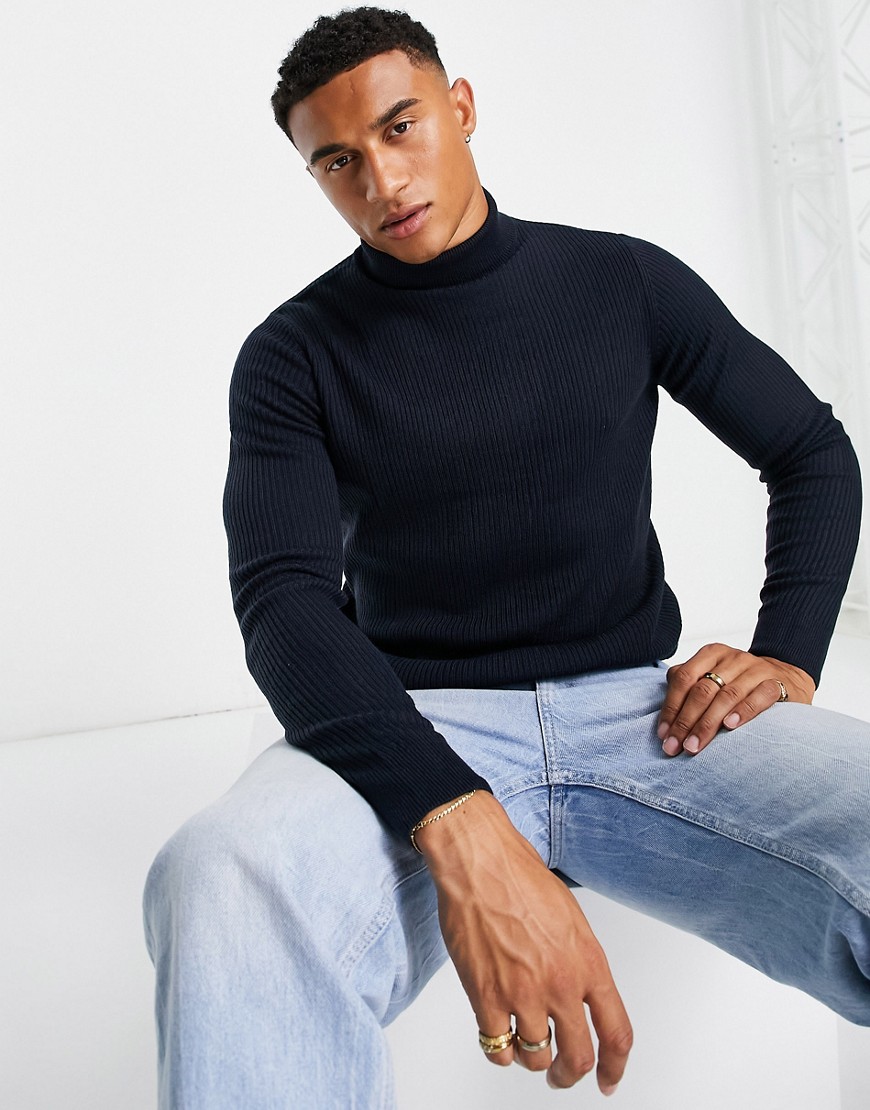 New Look muscle fit roll neck sweater in navy
