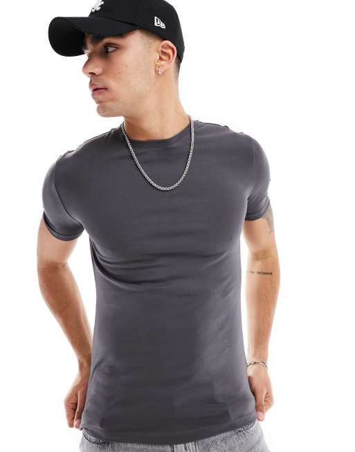 New Look - Muscle fit T-shirt in donkergrijs