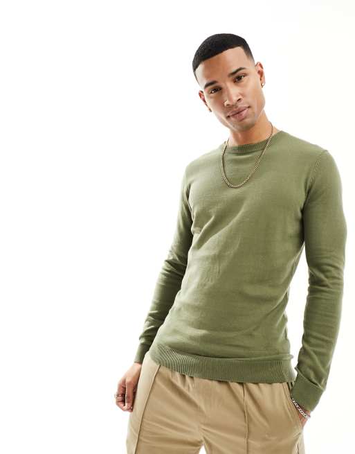 New Look – Muskelpullover in dunklem Khaki mit Rundhalsausschnitt