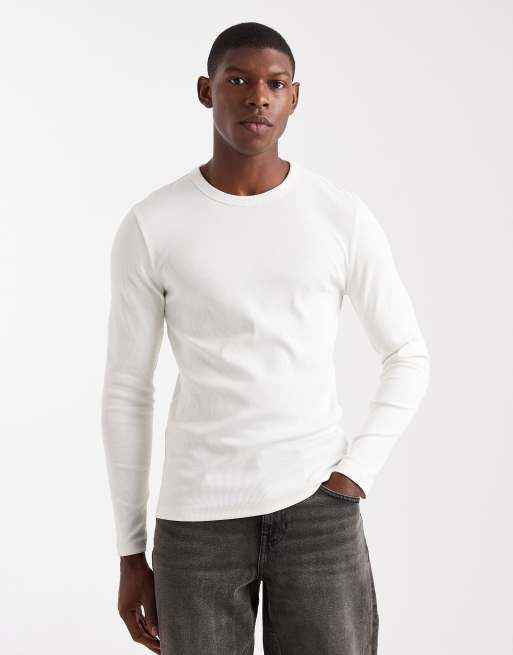New Look – Naturvit, ribbad t-shirt i muscle fit och långa ärmar