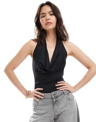 New Look - Neckholder-Body in Schwarz mit Wasserfallausschnitt