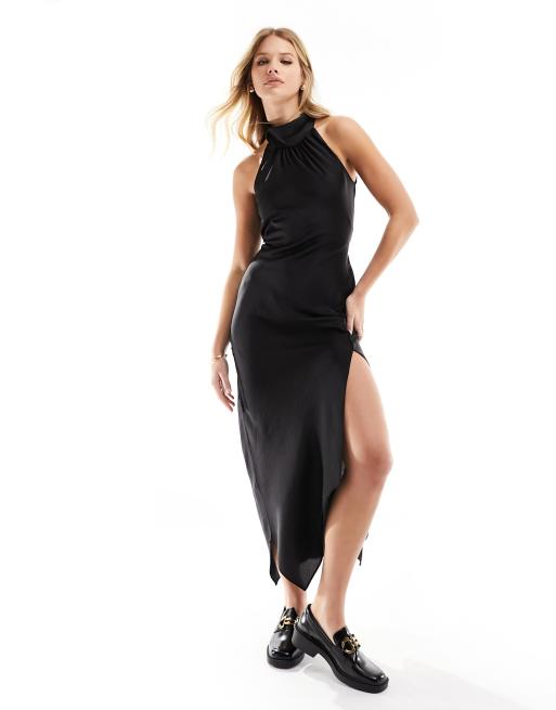 New Look – Neckholder-Maxikleid aus Satin in Schwarz mit asymmetrischem Saum, 2 von 4