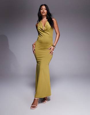 New Look - Neckholder-Maxikleid in hellem Khaki mit Wasserfallausschnitt-Grün