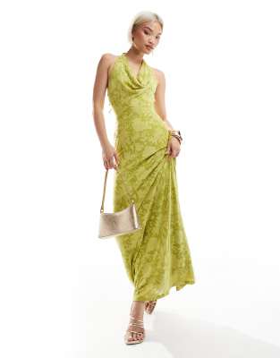 New Look - Neckholder-Midikleid aus Jacquard in leuchtendem Grün