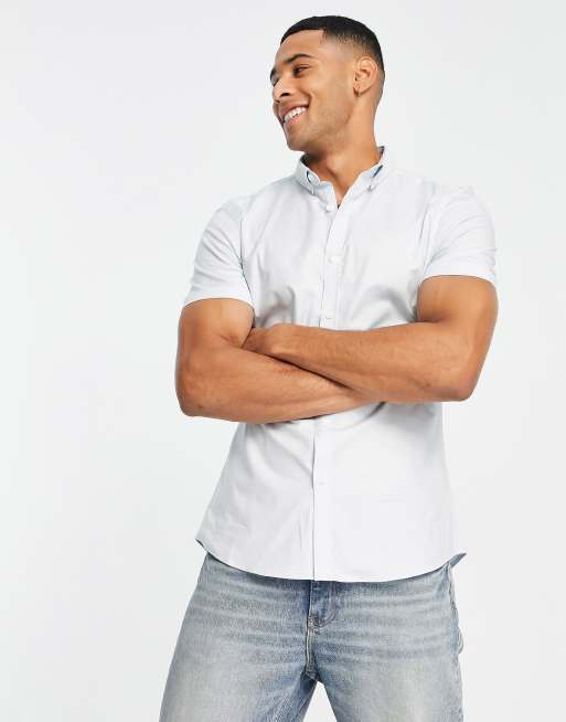 New Look - Net muscle fit oxford overhemd met korte mouwen in lichtblauw
