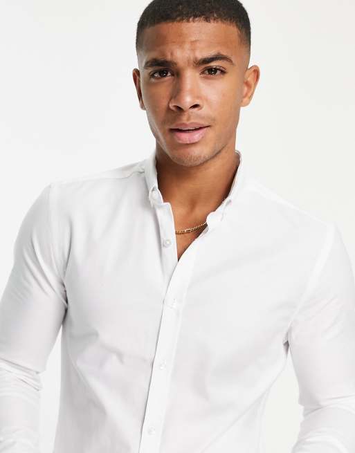 New Look - Net muscle fit oxford overhemd met lange mouwen in wit, 3 van 4