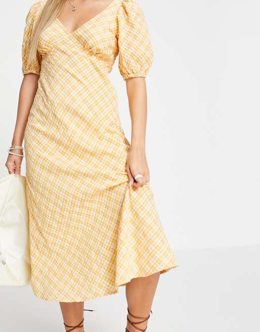 New Look - Nette midi jurk met pofmouwen en ruiten in geel