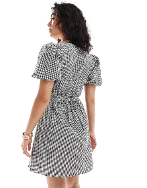 New Look - Nette mini jurk met gestrikte voorkant in zwarte gingham ruit, 4 van 4