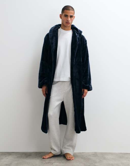 New Look New Look hooded fleece robe in navy, 4 of 5