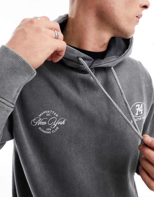 New Look – New York – Kapuzenpullover in Dunkelgrau mit Placement-Prints, 4 von 4