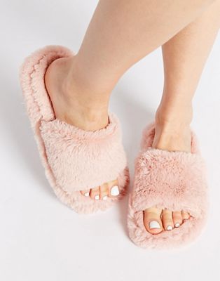 pink fluffy open toe slippers