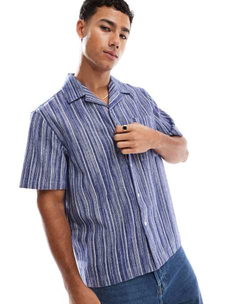 New Look textured stripe short sleeve shirt in blue