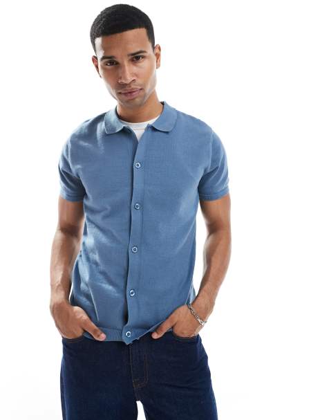 New Look knitted button down short sleeved shirt in blue