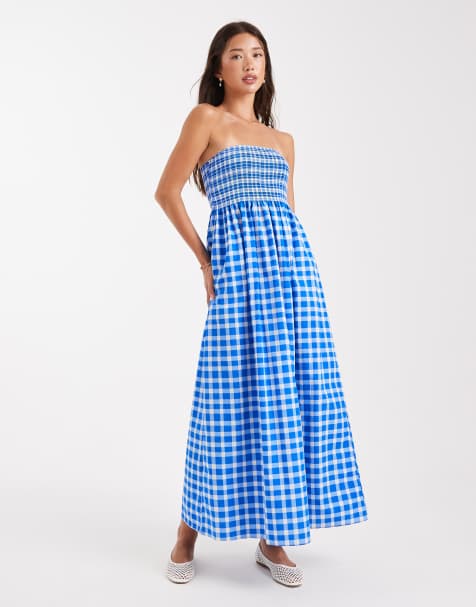 New Look – Niebieska marszczona sukienka midi z dekoltem bandeau i wzorem w kratkę - view 1