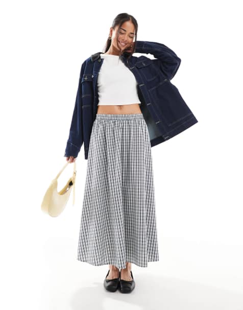 New Look gingham pleated midi skirt in blue
