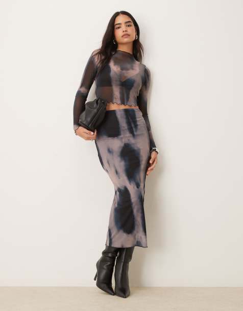 New Look mesh midi skirt in blue pattern