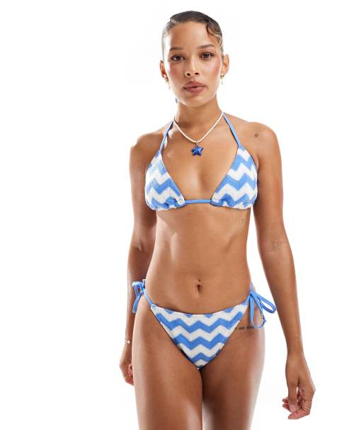 New Look wave crochet tie side bikini bottom in blue