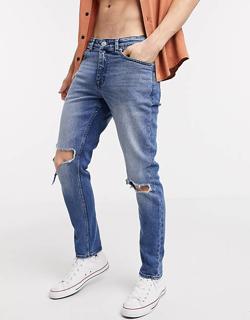 New Look – Niebieskie jeansy o obcisłym kroju z przetarciami na kolanach
