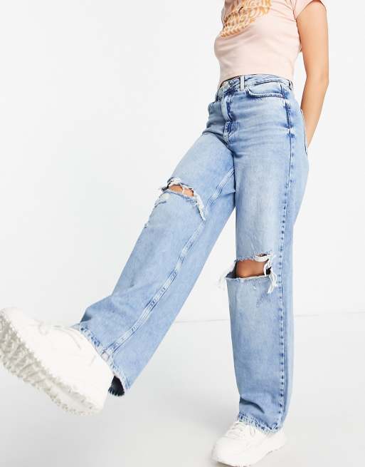 New Look – Niebieskie obszerne jeansy dad z rozdarciami w stylu lat 90.